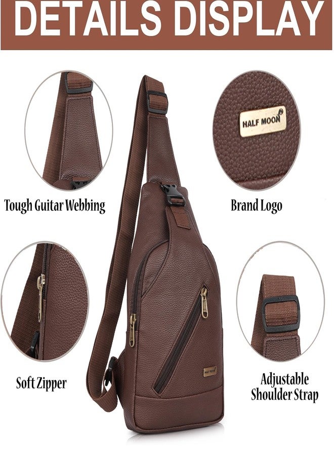 Half Moon Echelon Crossbody Sling Bag for Men Slim Vegan Leather Chest Bag for Men Women for Upto 8-inch iPad Small Shoulder Side Bag Water-resistant Mobile Passport Bag Travel Office (Phantom Brown) - Image 3